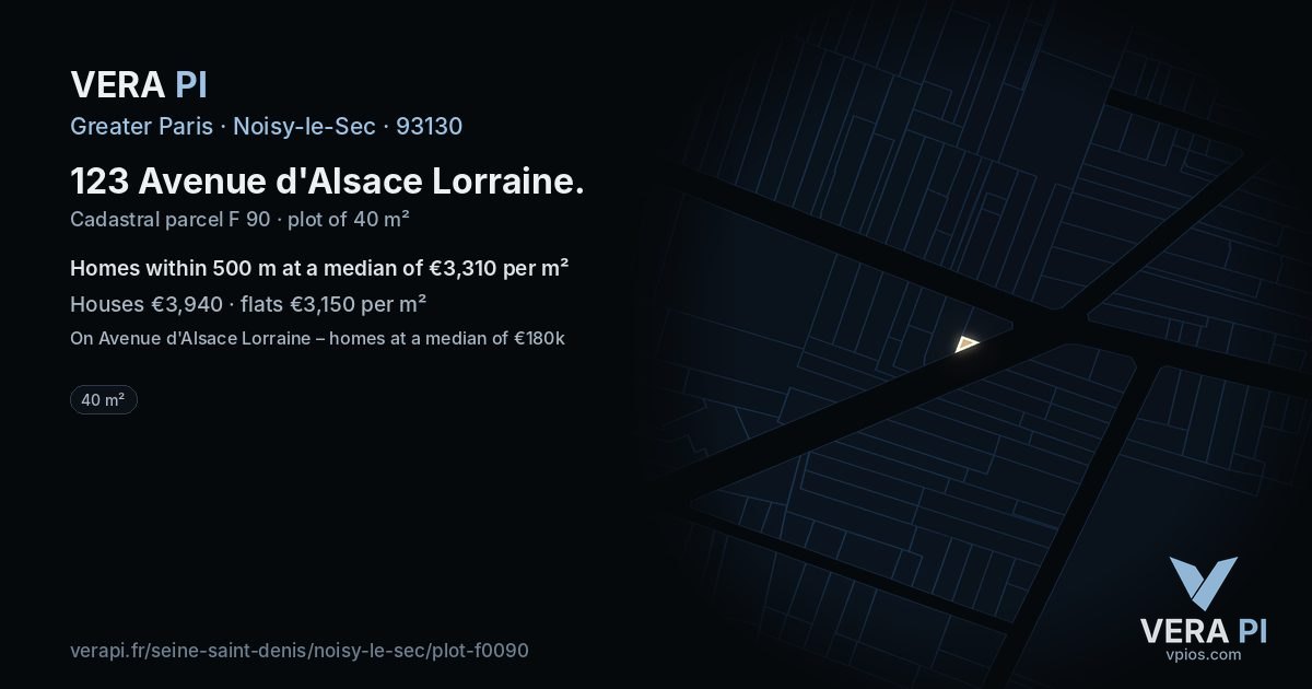 123 Avenue d'Alsace Lorraine, Noisy-le-Sec at night – the plot lit, the parcels around coloured by the prices near them