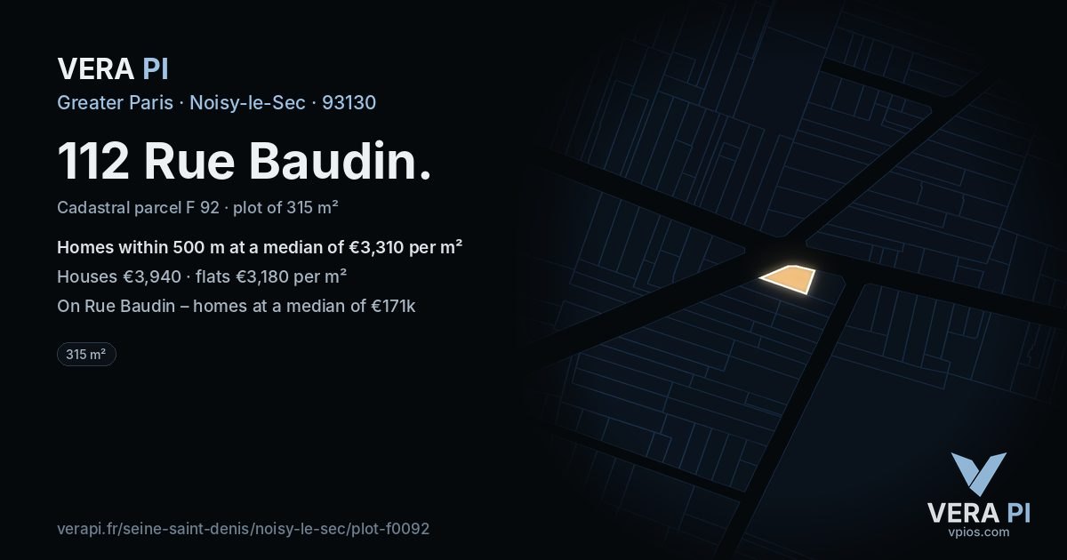 112 Rue Baudin, Noisy-le-Sec at night – the plot lit, the parcels around coloured by the prices near them