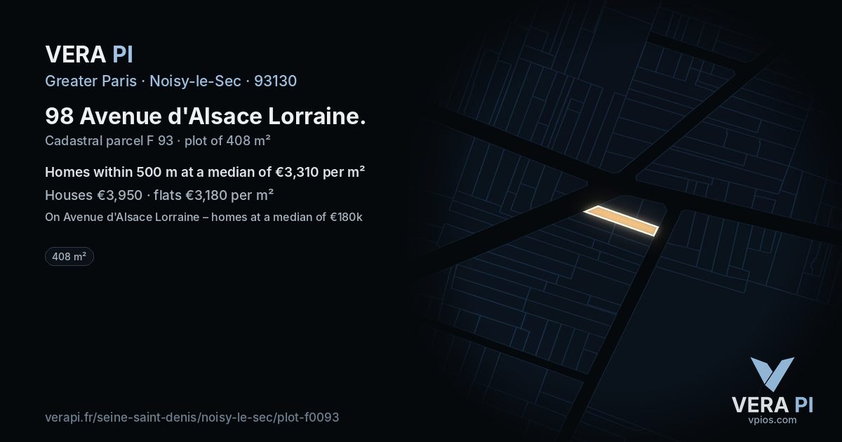 98 Avenue d'Alsace Lorraine, Noisy-le-Sec at night – the plot lit, the parcels around coloured by the prices near them