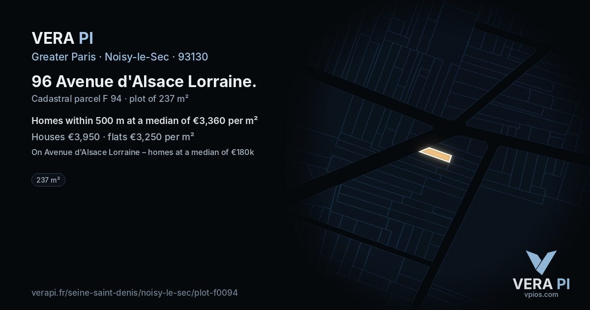 96 Avenue d'Alsace Lorraine, Noisy-le-Sec at night – the plot lit, the parcels around coloured by the prices near them