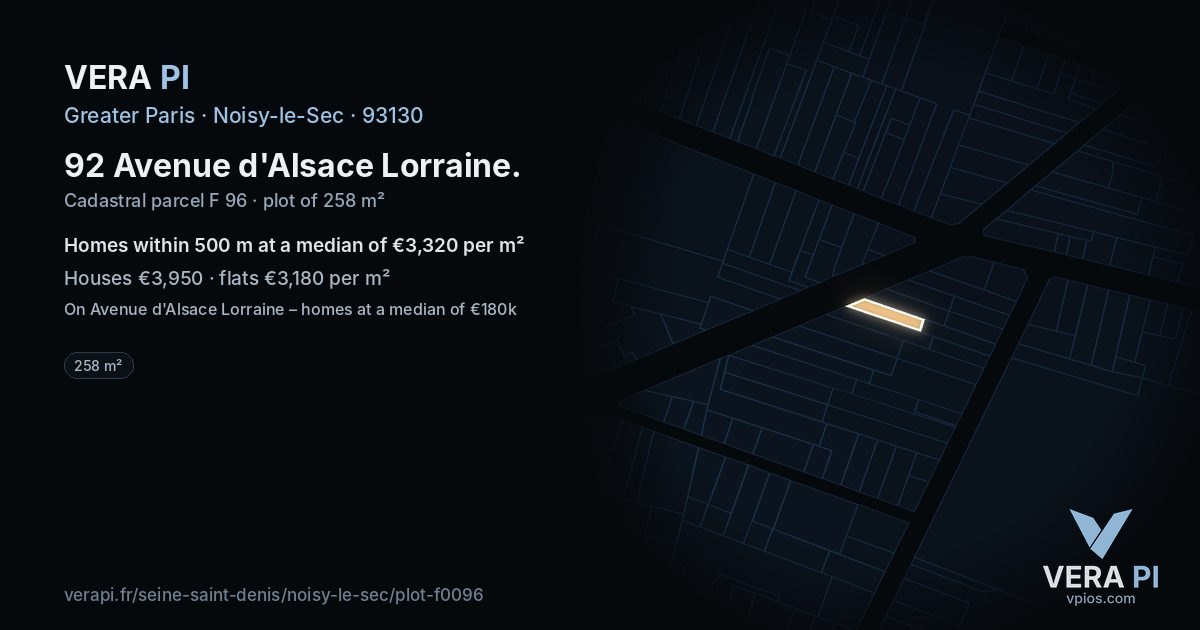 92 Avenue d'Alsace Lorraine, Noisy-le-Sec at night – the plot lit, the parcels around coloured by the prices near them