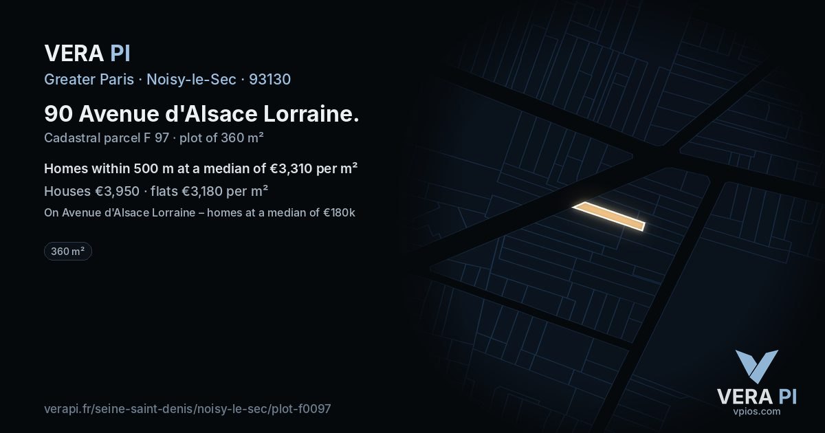 90 Avenue d'Alsace Lorraine, Noisy-le-Sec at night – the plot lit, the parcels around coloured by the prices near them