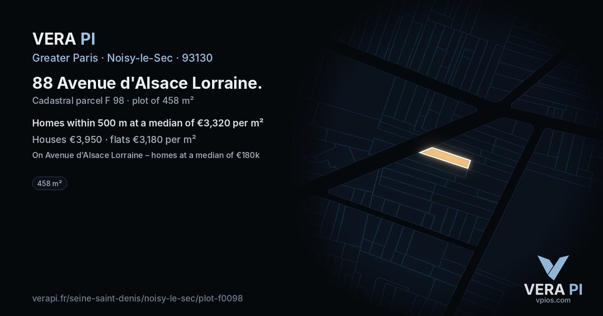 88 Avenue d'Alsace Lorraine, Noisy-le-Sec at night – the plot lit, the parcels around coloured by the prices near them