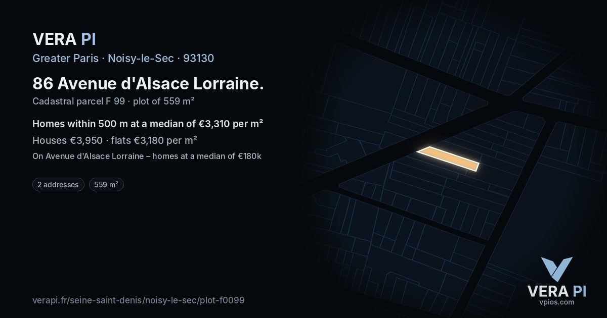 86 Avenue d'Alsace Lorraine, Noisy-le-Sec at night – the plot lit, the parcels around coloured by the prices near them