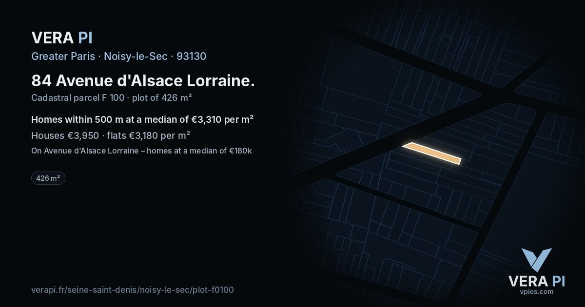84 Avenue d'Alsace Lorraine, Noisy-le-Sec at night – the plot lit, the parcels around coloured by the prices near them
