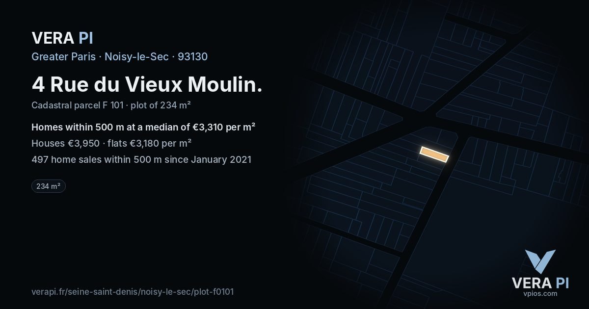 4 Rue du Vieux Moulin, Noisy-le-Sec at night – the plot lit, the parcels around coloured by the prices near them