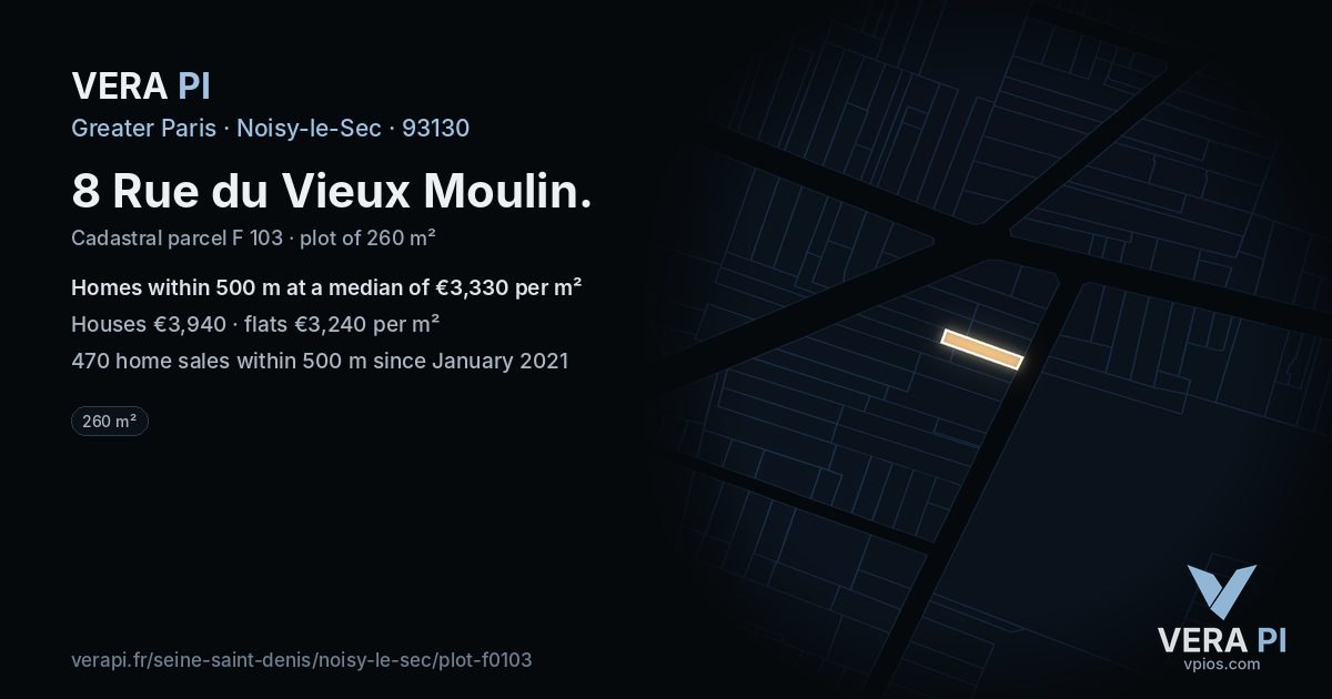 8 Rue du Vieux Moulin, Noisy-le-Sec at night – the plot lit, the parcels around coloured by the prices near them