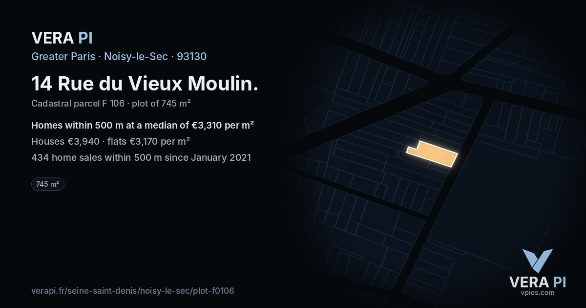 14 Rue du Vieux Moulin, Noisy-le-Sec at night – the plot lit, the parcels around coloured by the prices near them