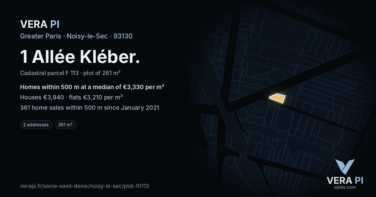1 Allée Kléber, Noisy-le-Sec at night – the plot lit, the parcels around coloured by the prices near them