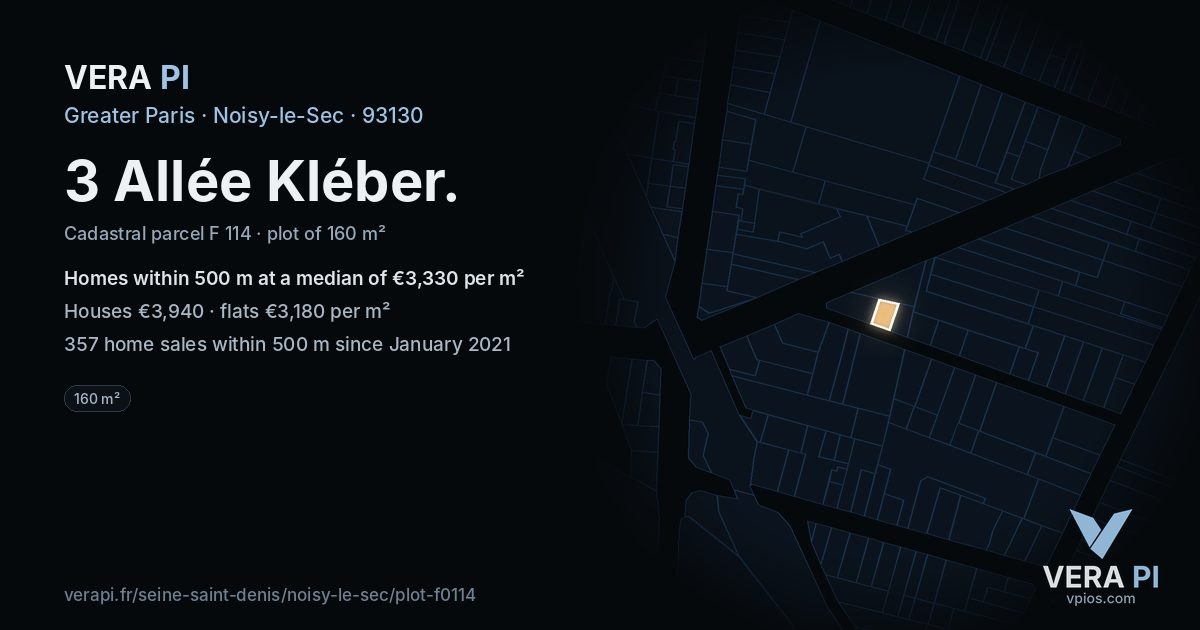 3 Allée Kléber, Noisy-le-Sec at night – the plot lit, the parcels around coloured by the prices near them