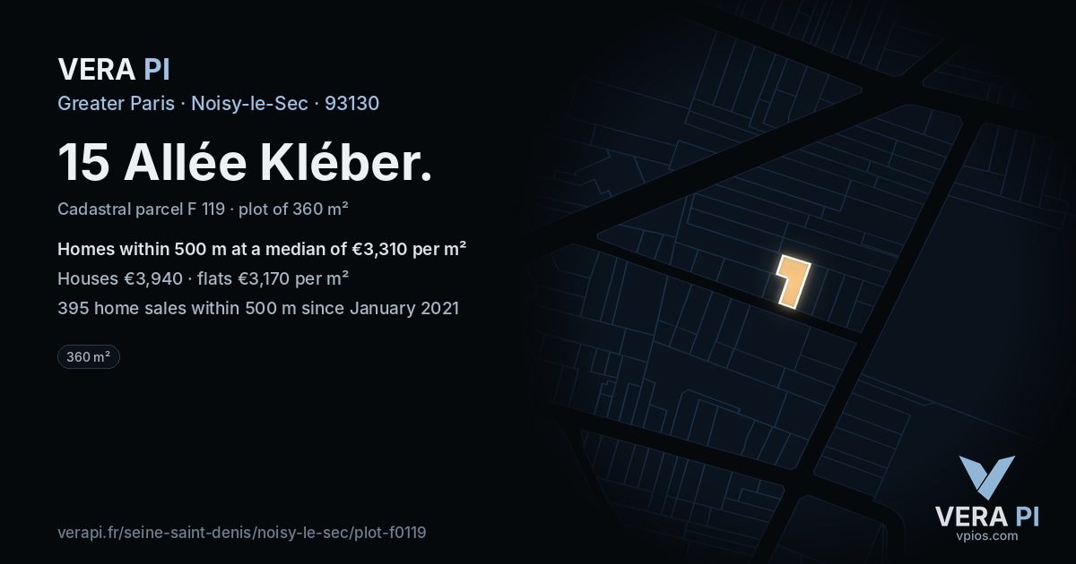 15 Allée Kléber, Noisy-le-Sec at night – the plot lit, the parcels around coloured by the prices near them