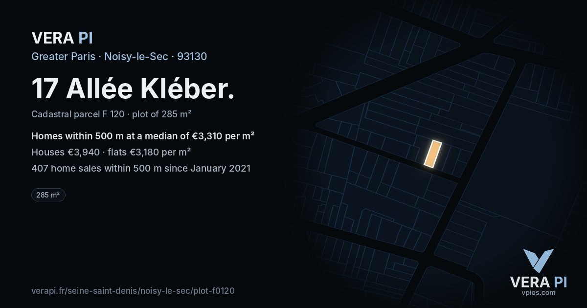 17 Allée Kléber, Noisy-le-Sec at night – the plot lit, the parcels around coloured by the prices near them
