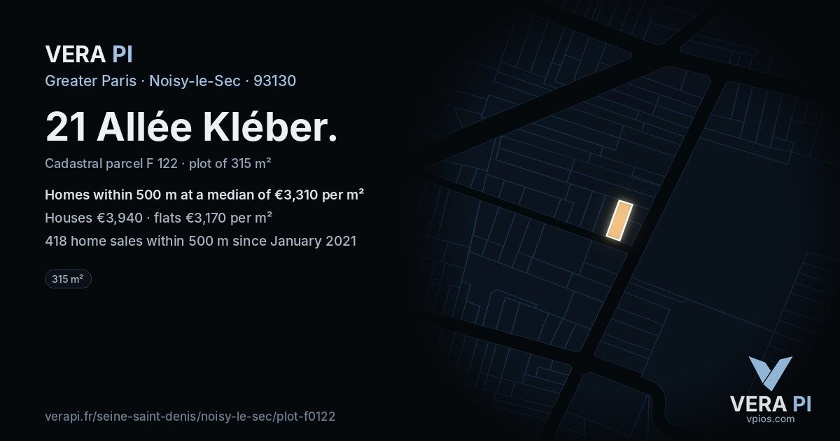 21 Allée Kléber, Noisy-le-Sec at night – the plot lit, the parcels around coloured by the prices near them