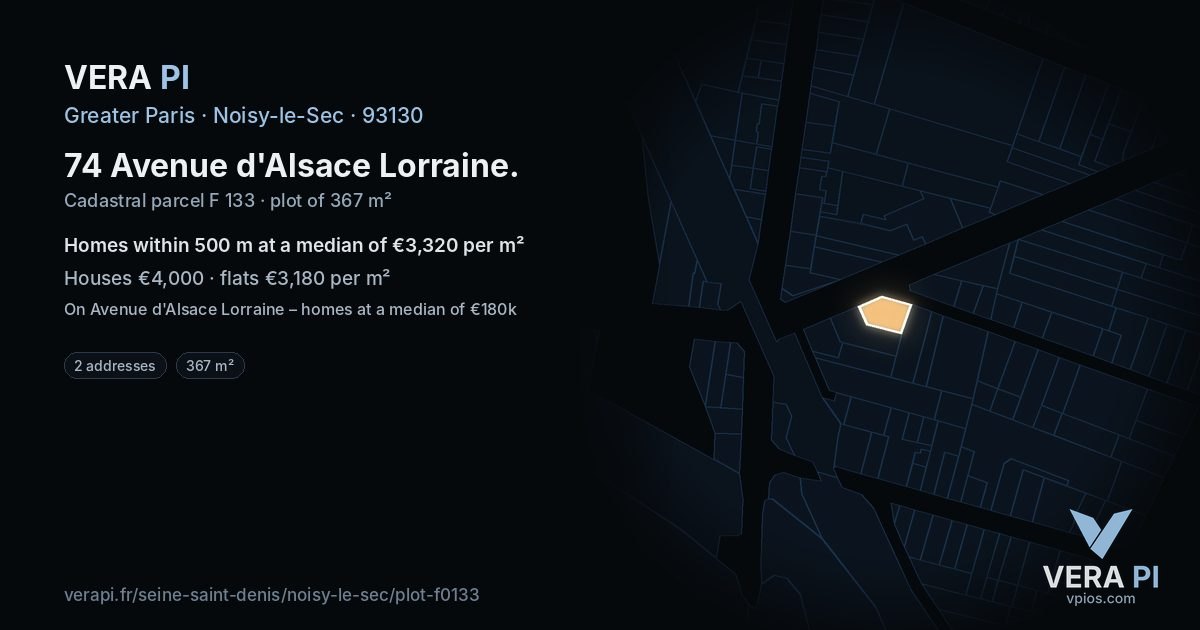 74 Avenue d'Alsace Lorraine, Noisy-le-Sec at night – the plot lit, the parcels around coloured by the prices near them