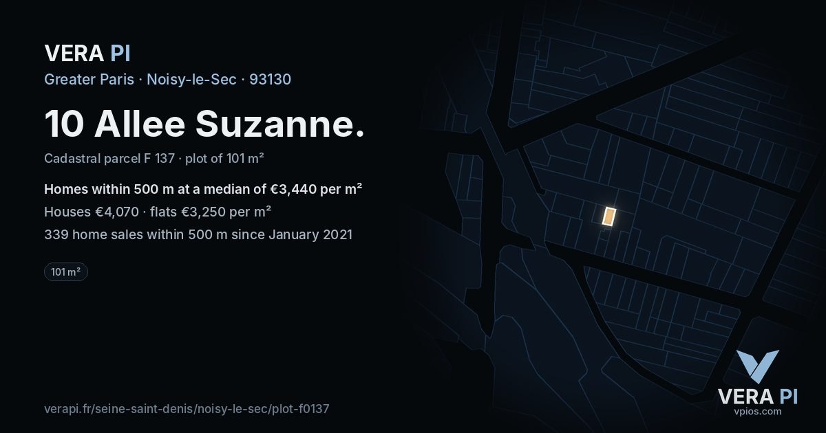 10 Allee Suzanne, Noisy-le-Sec at night – the plot lit, the parcels around coloured by the prices near them