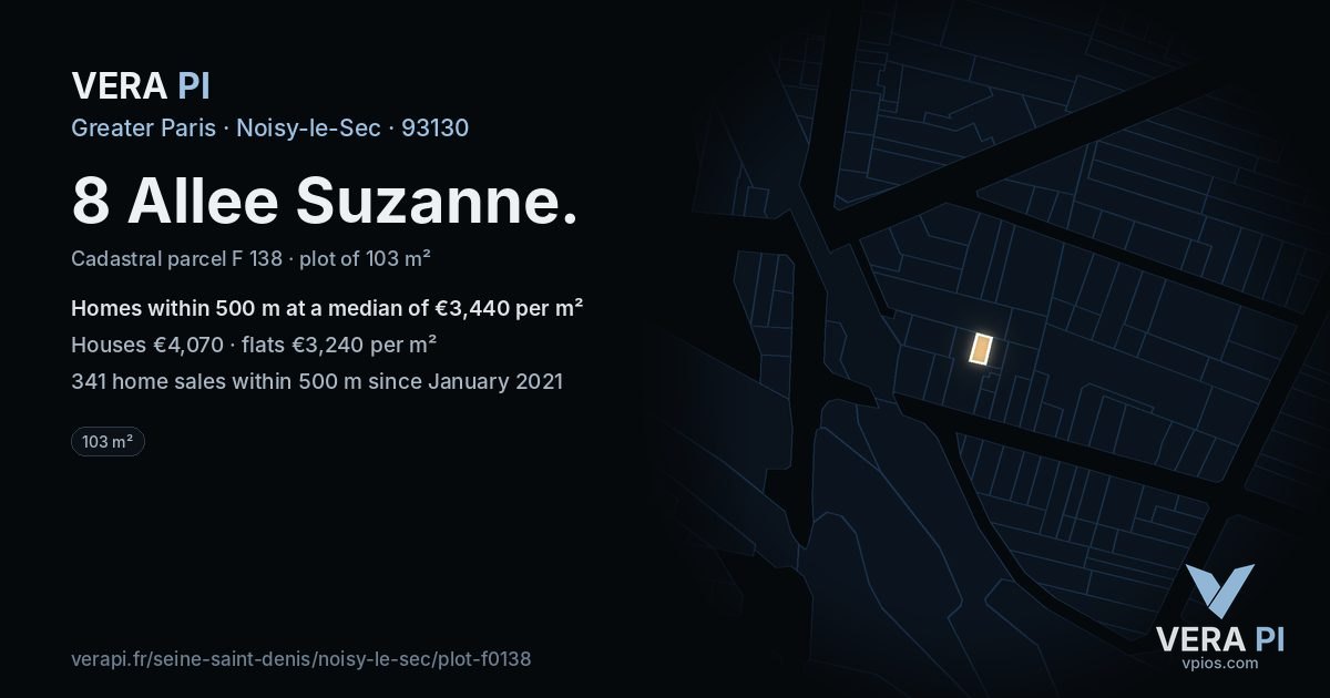 8 Allee Suzanne, Noisy-le-Sec at night – the plot lit, the parcels around coloured by the prices near them