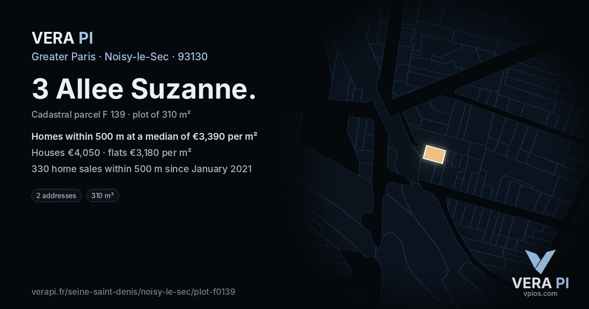 3 Allee Suzanne, Noisy-le-Sec at night – the plot lit, the parcels around coloured by the prices near them