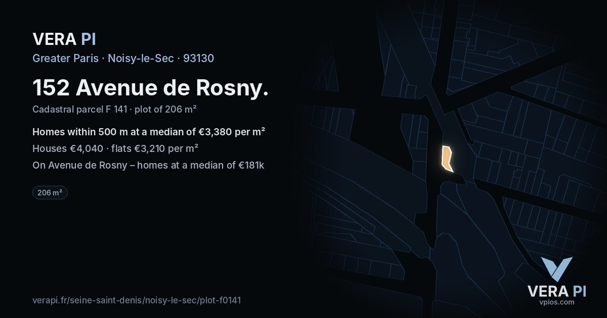 152 Avenue de Rosny, Noisy-le-Sec at night – the plot lit, the parcels around coloured by the prices near them