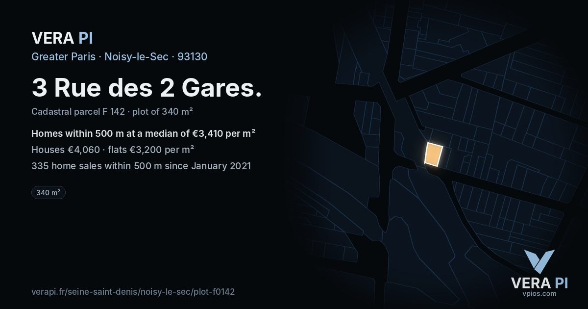 3 Rue des 2 Gares, Noisy-le-Sec at night – the plot lit, the parcels around coloured by the prices near them