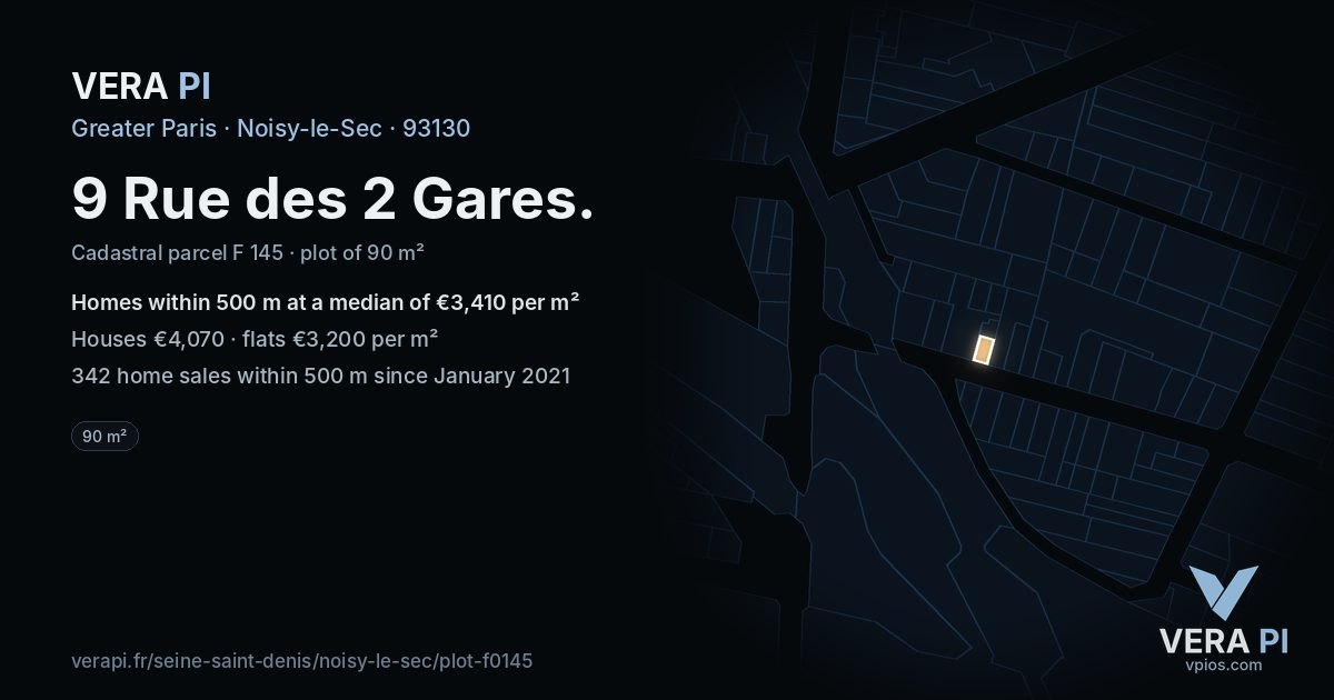 9 Rue des 2 Gares, Noisy-le-Sec at night – the plot lit, the parcels around coloured by the prices near them