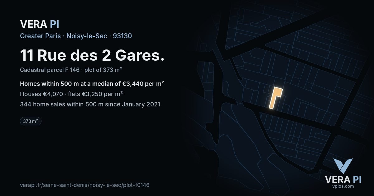 11 Rue des 2 Gares, Noisy-le-Sec at night – the plot lit, the parcels around coloured by the prices near them