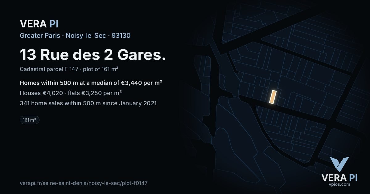 13 Rue des 2 Gares, Noisy-le-Sec at night – the plot lit, the parcels around coloured by the prices near them