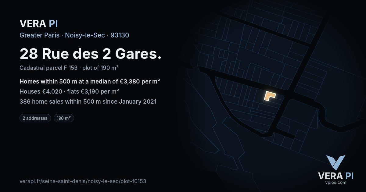 28 Rue des 2 Gares, Noisy-le-Sec at night – the plot lit, the parcels around coloured by the prices near them