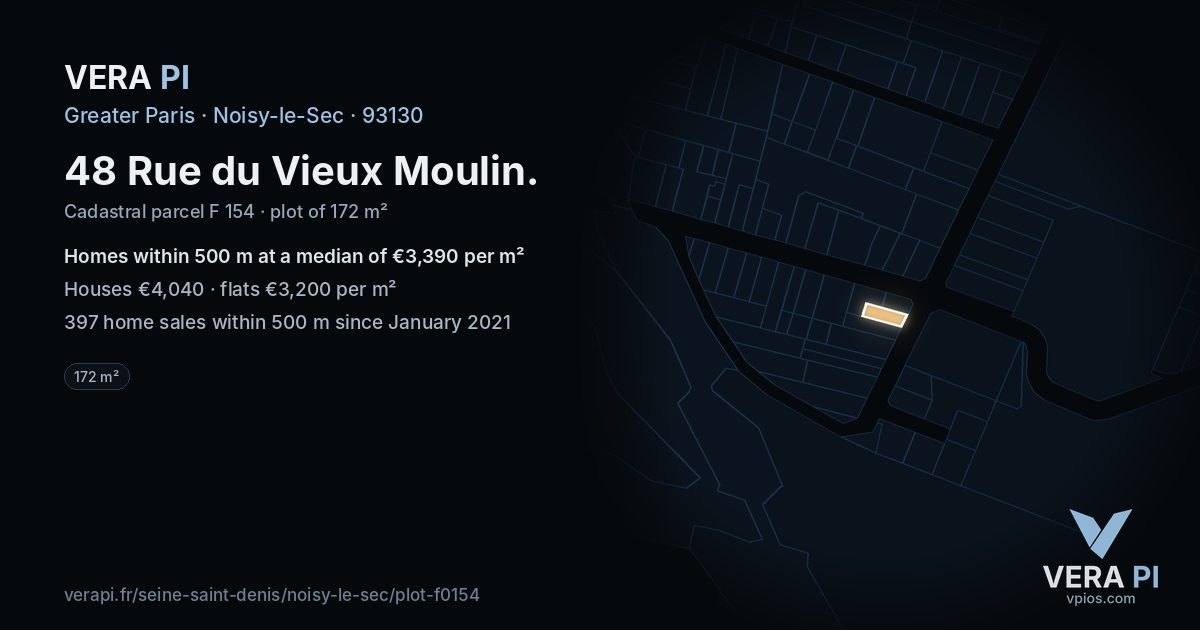 48 Rue du Vieux Moulin, Noisy-le-Sec at night – the plot lit, the parcels around coloured by the prices near them