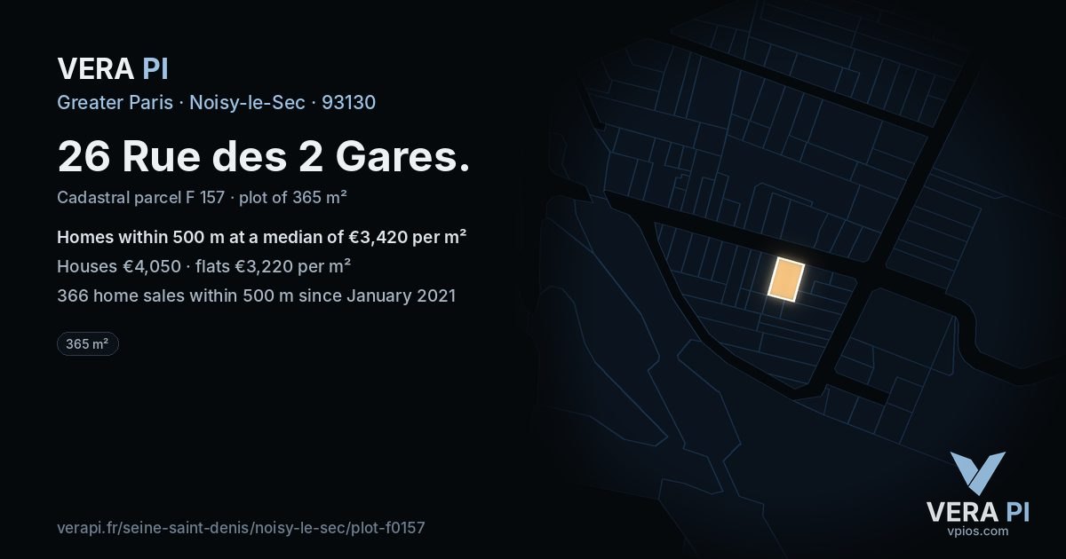 26 Rue des 2 Gares, Noisy-le-Sec at night – the plot lit, the parcels around coloured by the prices near them