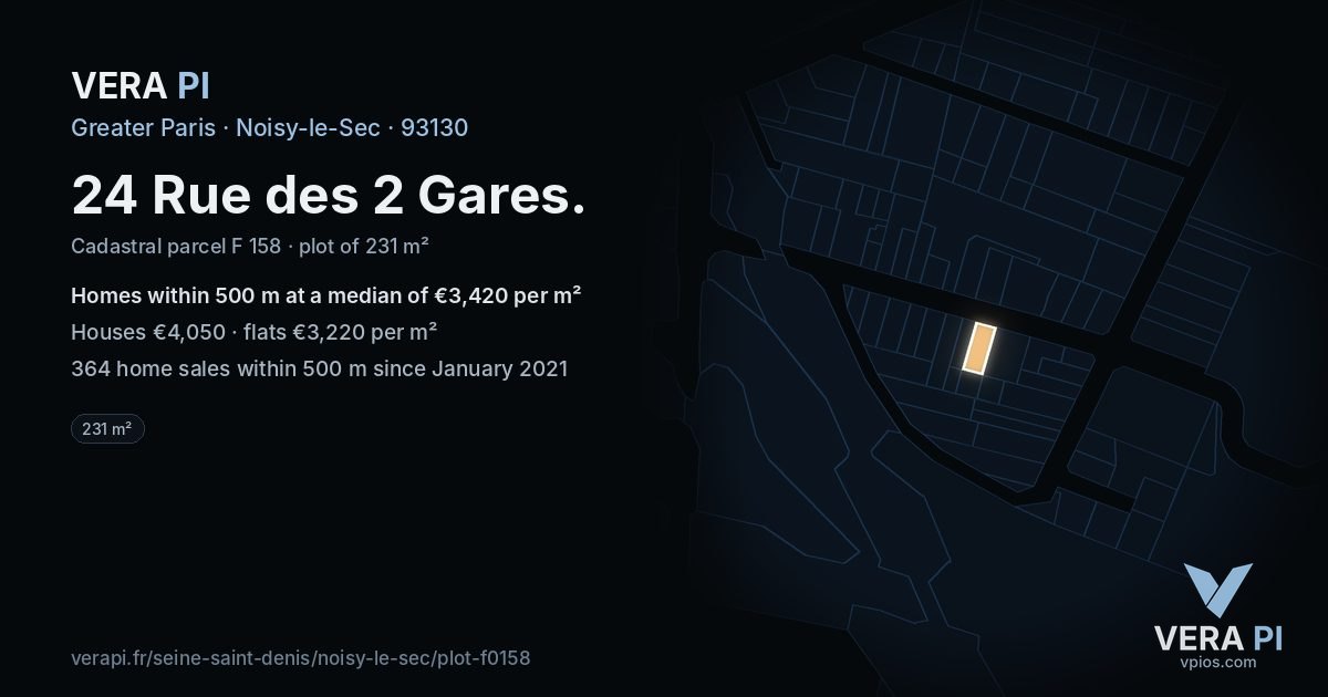 24 Rue des 2 Gares, Noisy-le-Sec at night – the plot lit, the parcels around coloured by the prices near them