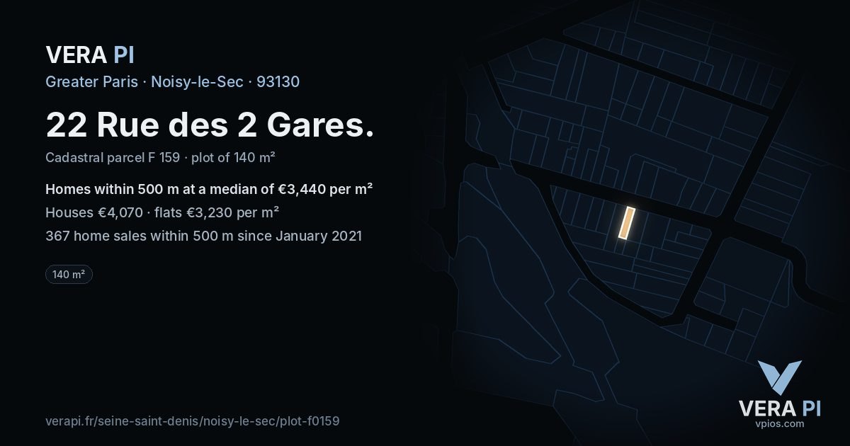 22 Rue des 2 Gares, Noisy-le-Sec at night – the plot lit, the parcels around coloured by the prices near them