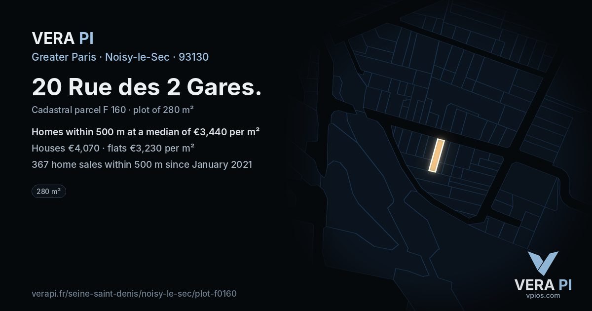20 Rue des 2 Gares, Noisy-le-Sec at night – the plot lit, the parcels around coloured by the prices near them