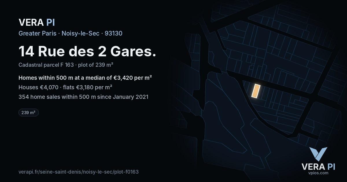 14 Rue des 2 Gares, Noisy-le-Sec at night – the plot lit, the parcels around coloured by the prices near them