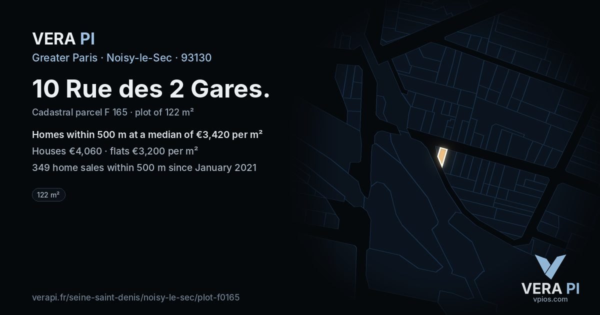 10 Rue des 2 Gares, Noisy-le-Sec at night – the plot lit, the parcels around coloured by the prices near them