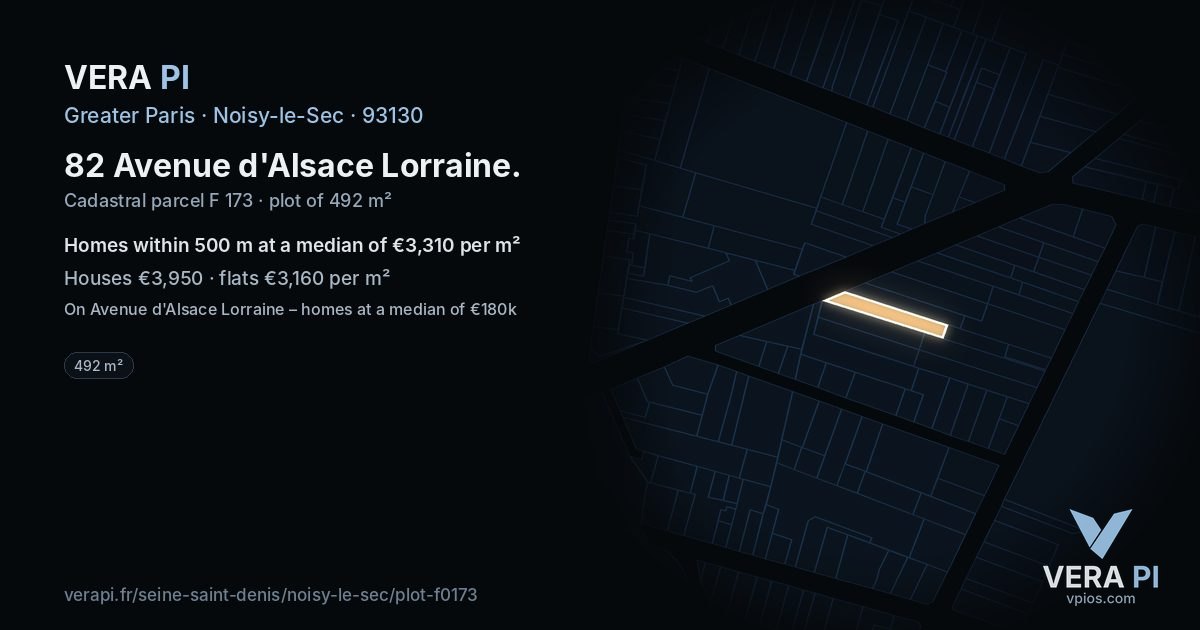 82 Avenue d'Alsace Lorraine, Noisy-le-Sec at night – the plot lit, the parcels around coloured by the prices near them