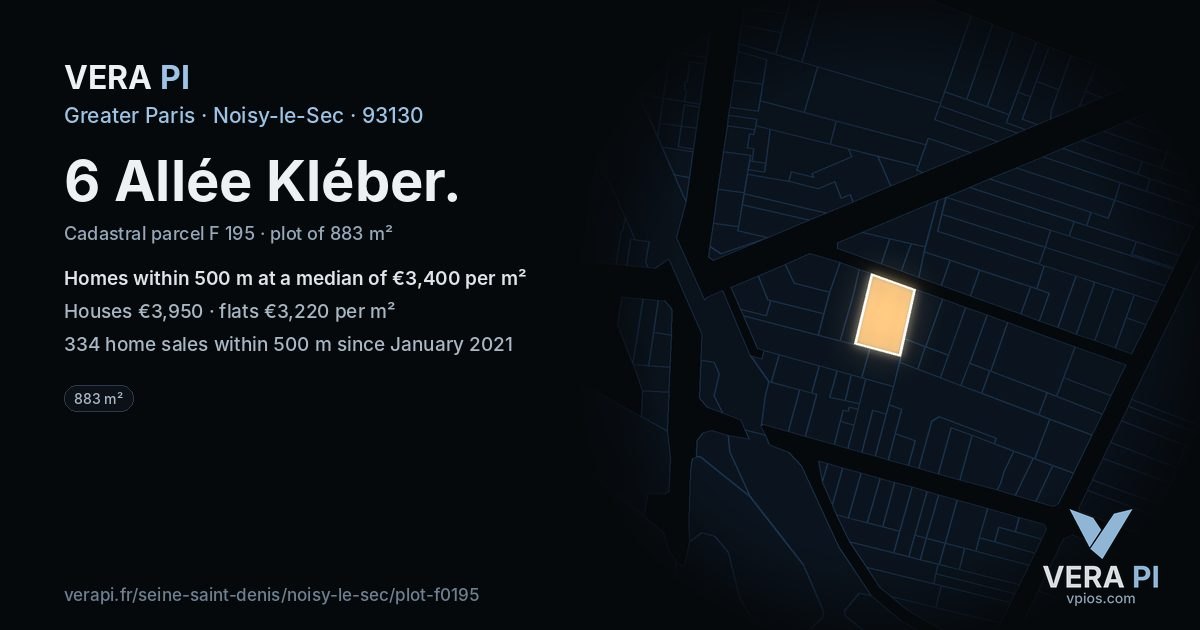 6 Allée Kléber, Noisy-le-Sec at night – the plot lit, the parcels around coloured by the prices near them