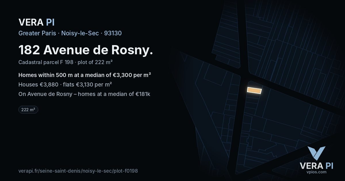 182 Avenue de Rosny, Noisy-le-Sec at night – the plot lit, the parcels around coloured by the prices near them