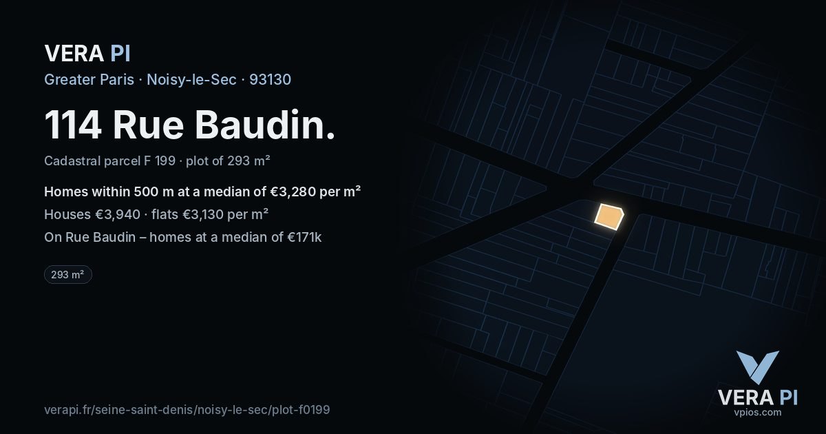 114 Rue Baudin, Noisy-le-Sec at night – the plot lit, the parcels around coloured by the prices near them