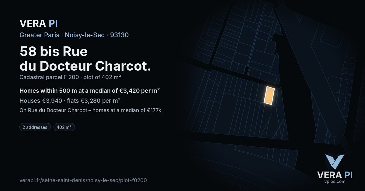 58 bis Rue du Docteur Charcot, Noisy-le-Sec at night – the plot lit, the parcels around coloured by the prices near them
