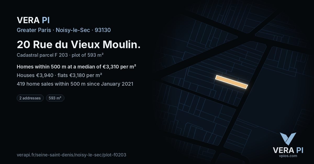 20 Rue du Vieux Moulin, Noisy-le-Sec at night – the plot lit, the parcels around coloured by the prices near them
