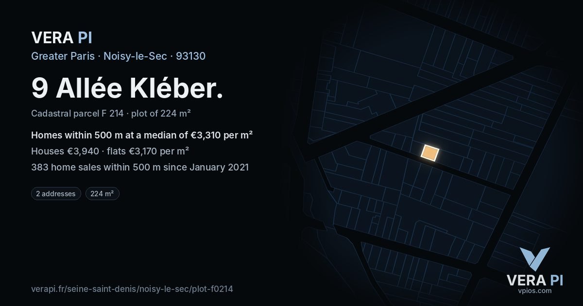 9 Allée Kléber, Noisy-le-Sec at night – the plot lit, the parcels around coloured by the prices near them