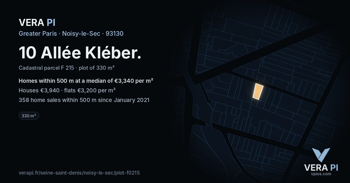 10 Allée Kléber, Noisy-le-Sec at night – the plot lit, the parcels around coloured by the prices near them