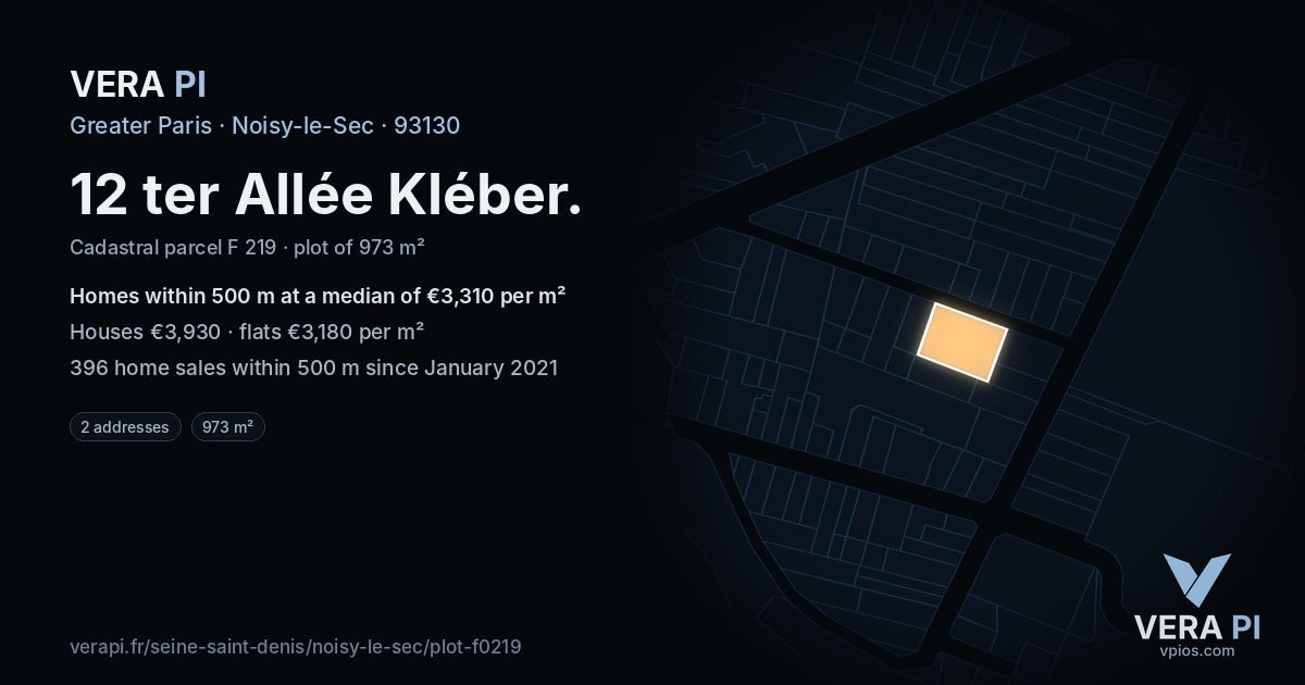 12 ter Allée Kléber, Noisy-le-Sec at night – the plot lit, the parcels around coloured by the prices near them