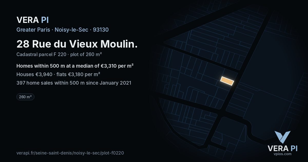 28 Rue du Vieux Moulin, Noisy-le-Sec at night – the plot lit, the parcels around coloured by the prices near them