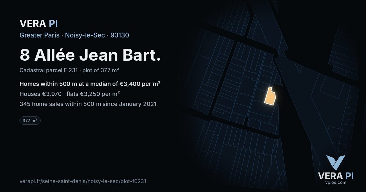 8 Allée Jean Bart, Noisy-le-Sec at night – the plot lit, the parcels around coloured by the prices near them