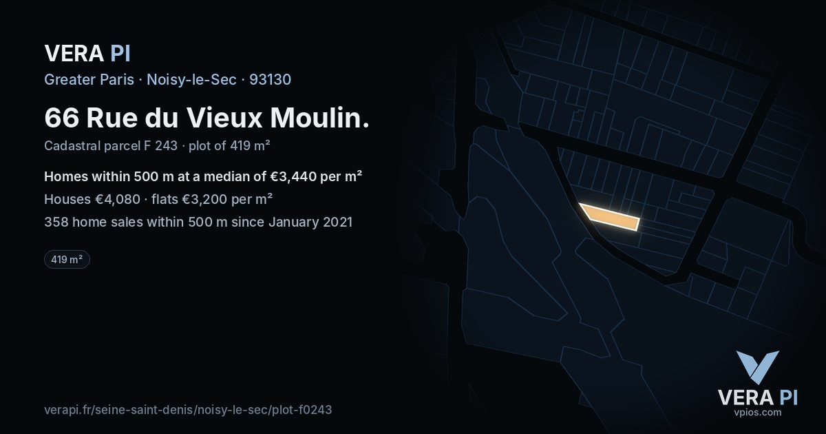 66 Rue du Vieux Moulin, Noisy-le-Sec at night – the plot lit, the parcels around coloured by the prices near them