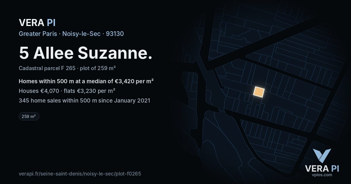 5 Allee Suzanne, Noisy-le-Sec at night – the plot lit, the parcels around coloured by the prices near them