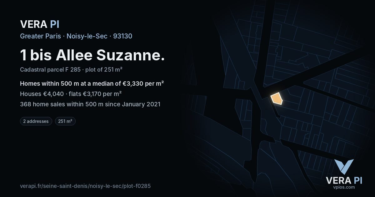 1 bis Allee Suzanne, Noisy-le-Sec at night – the plot lit, the parcels around coloured by the prices near them