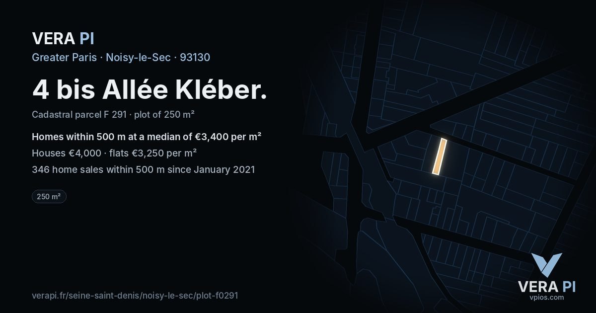 4 bis Allée Kléber, Noisy-le-Sec at night – the plot lit, the parcels around coloured by the prices near them
