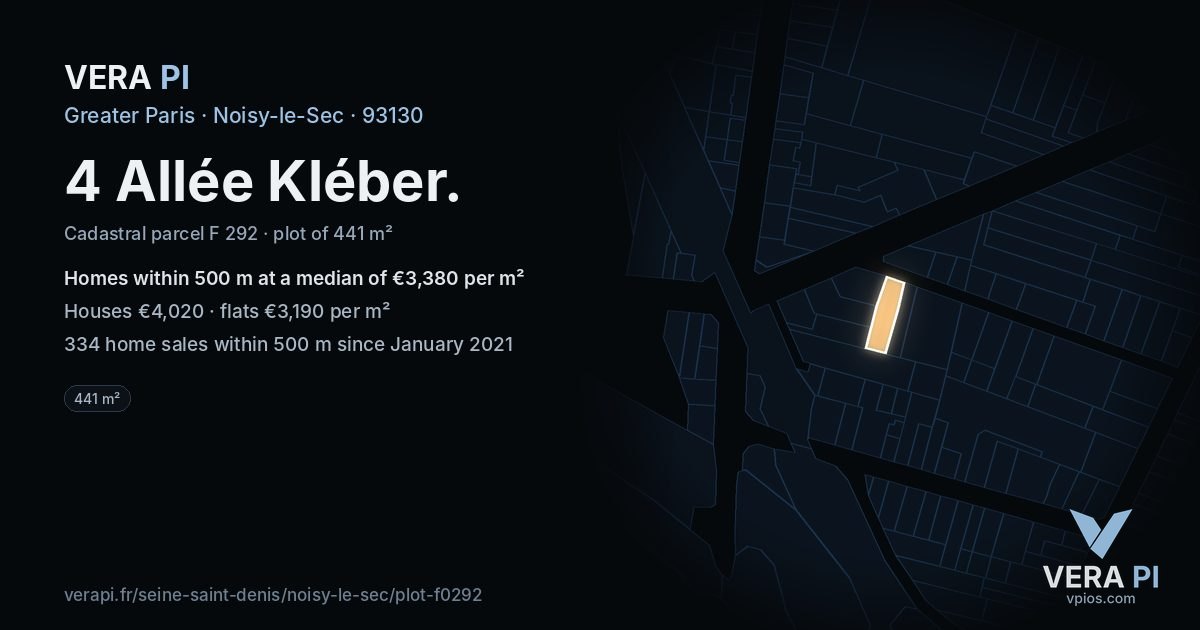 4 Allée Kléber, Noisy-le-Sec at night – the plot lit, the parcels around coloured by the prices near them